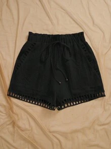 女士休闲纯色纸袋腰短裤，夏季 - 黑色 - 查看 4