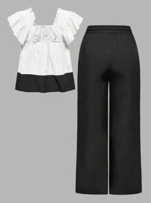 SHEIN 2 piezas Conjunto de Maternidad: Top casual con mangas con volantes y pantalones de unicolor con cordón - Negro - Ver 2