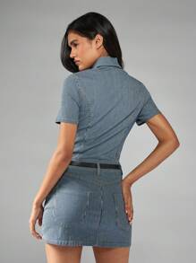 MISSGUIDED Pinstripe Denim Mini Dress Button Down Collared Short Sleeve Western Utility Style Fitted Bodycon Summer Fashion Retro Y2K Streetwear