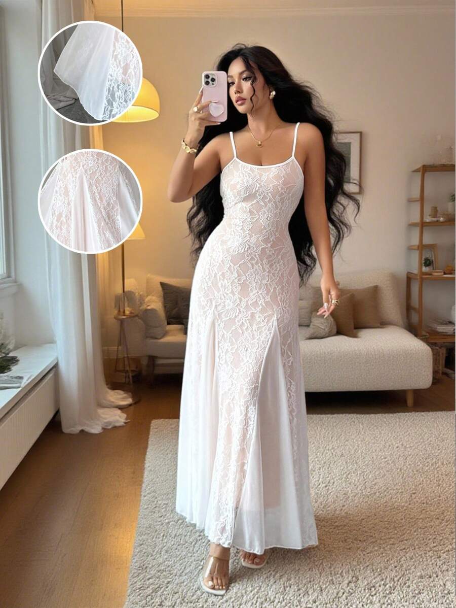 Rafferiza Elegant Women's Full Lace White Summer Dress,Fishtail Clashing Hem Design Wedding Guest Dress With Flesh Lining For Dining - White - View 1
