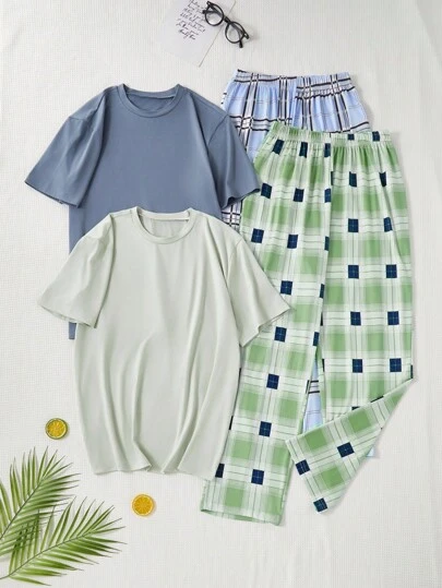 4pcs Teen Boy Pajamas Set, Includes 2 Short Sleeve Tops In Light Blue & Light Green, And 2 Lightweight Plaid Pants In Light Blue & Light Green, Soft & Comfortable Knit Fabric, Machine Washable, Relaxed Fit, Sold Separately As 2 Sets, Back To School Fashion
