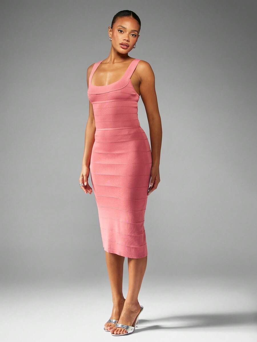 MISSGUIDED Women Bandage Midi Dress Square Neck Bodycon Fitted Evening Party Wedding Guest Special Occasion Holiday Spring Summer Ribbed Stretch Elegant - Pink - View 1