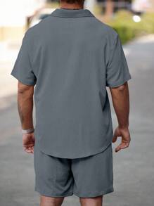 Manfinity Homme Plus Size Men's Solid Color Short Sleeve Shirt And Shorts Set - Dark Grey - View 2