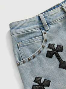 ROMWE Grunge Punk Váy Mini Denim Đính Chữ Thập Cho Nữ - Rửa nhẹ - Xem 3