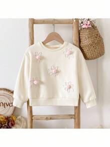 Loomiva 少女花卉图案针织柔软圆领长袖套头衫 - 白色 - 查看 5