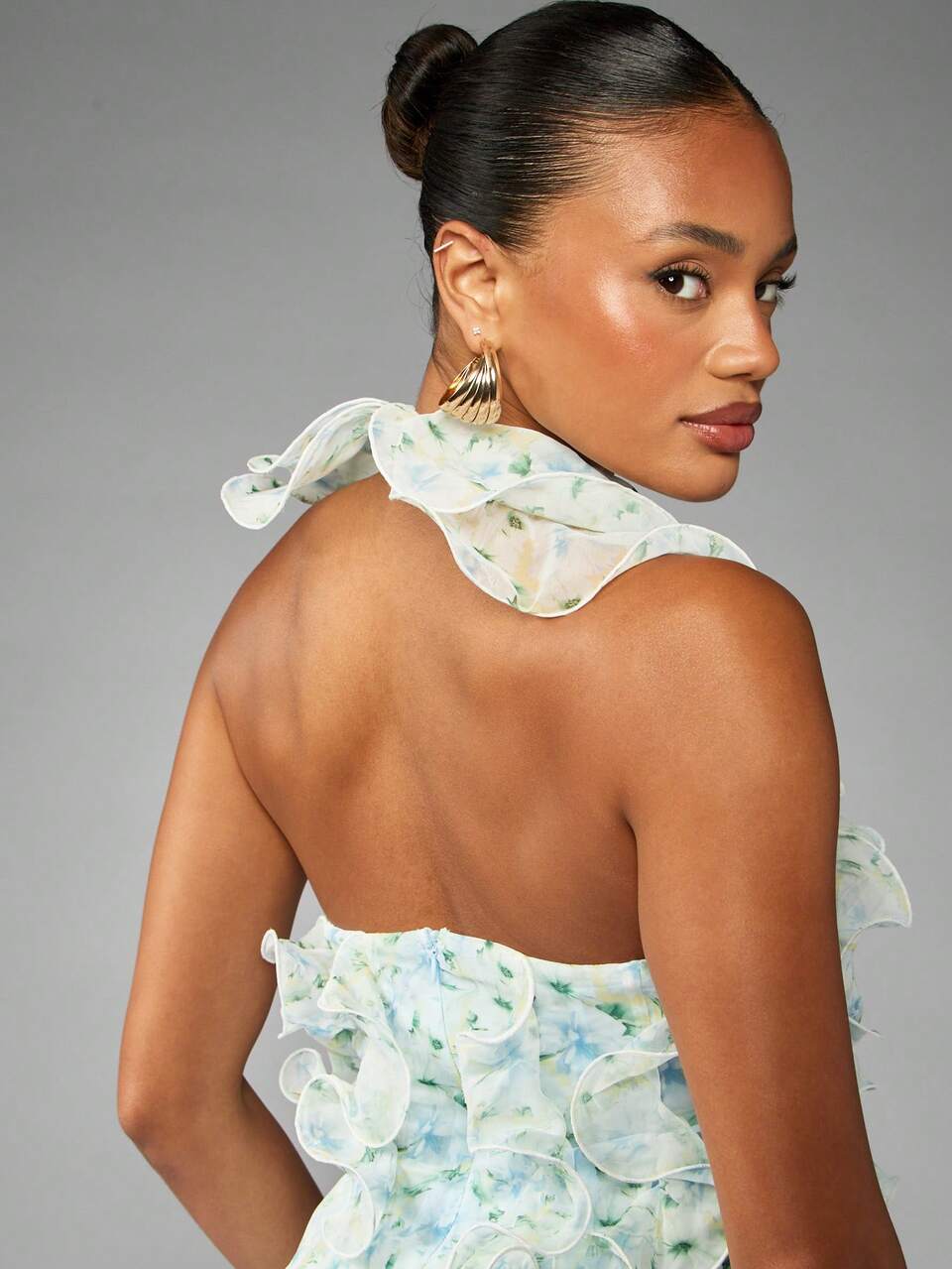 MISSGUIDED Floral Chiffon Mini Dress Ruffle Detail Halter Neck Spring Summer Wedding Guest Party Special Occasion Garden Tea Dress