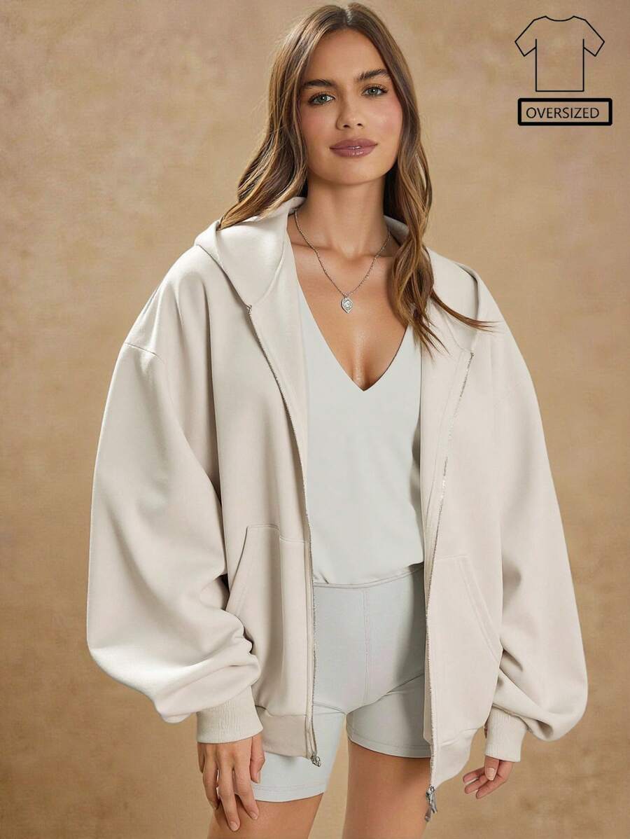 WESTFADE 夏季羊毛超大拉链长袖连帽衫节日 - 米色 - 查看 1