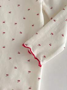 Loomiva Baby Girls' Cherry Print 2pcs Set,Red Autumn Long Sleeve Knitted T-Shirt & Pants,100% Cotton Cute Modest Family Matching Clothes,Bow Decor Baby Outfit - Beige - View 6