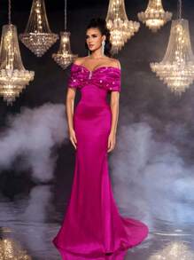 Glamrae Váy dài chấm đất, eo cao, viền đuôi cá, cổ tim, thắt nơ lớn, đính pha lê thủ công màu tím thanh lịch và tinh tế, thích hợp cho các buổi hẹn hò, tiệc độc thân, đám cưới, sự kiện trang trọng - Màu Hồng Tươi - Xem 10