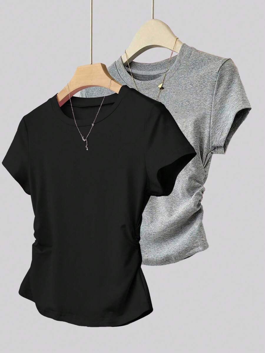 INAWLY 女式纯色圆领短袖休闲褶饰夏季T恤 - 彩色 - 查看 1