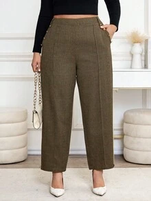 SHEIN Clasi Karomuster Lange Hose für Große Größen, Lässig/bürotauglich, gerades Bein - Kaffeebraun - Übersicht 6