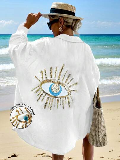 Blusa casual de vacaciones para mujer con decoración de rhinestones en los ojos