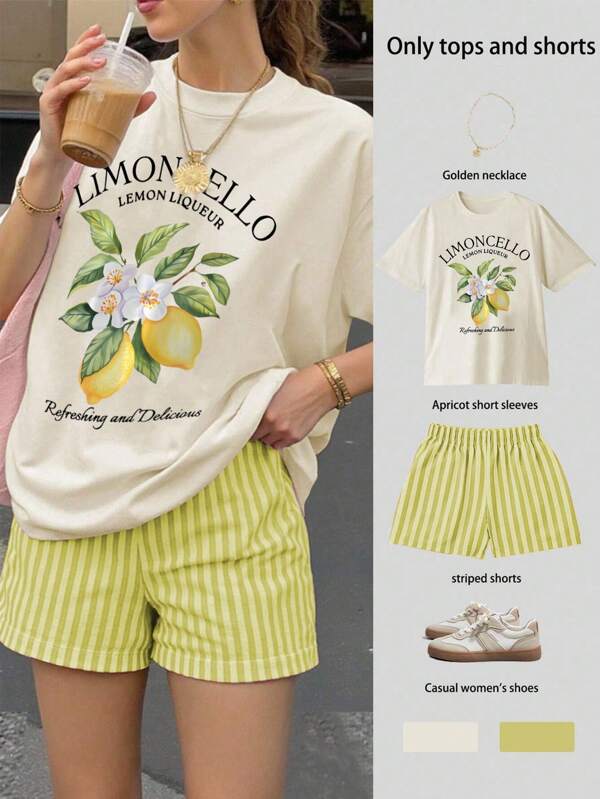 SHEIN Set de top de manga corta de cuello redondo y shorts con estampado de limón, talla grande