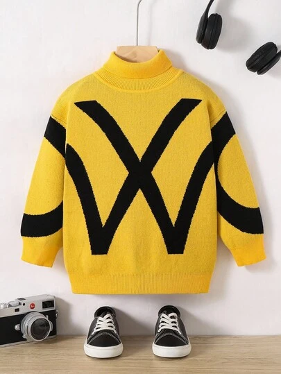 1 件年轻男孩休闲学院风字母图案落肩高领毛衣，适合返校男孩，适合生日派对、晚会、婚礼、洗礼、开学典礼、日常穿着、旅行、运动、秋冬季