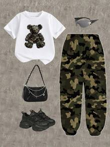 Sparklyn 2 件套青少年女孩休闲迷彩印花 T 恤，带有熊图案和工装裤套装，适合夏季 - 軍綠色 - 查看 3