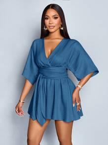 SOLERSUN Combinaison élégante pour femmes avec col en V profond, taille cintrée, nœud devant, manches chauve-souris et taille froncée. Convient pour les vacances et les tenues quotidiennes