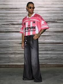 AXEPEAK 宽松印花 Polo 领短袖男士 Polo 衫，秋季，2000 年代风格 - 粉色 - 查看 3