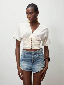 Lumivelle Women V-Neck Short Sleeve Ruffle Hem Fitted Crop Blouse