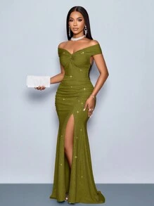 SOLERSUN 适合圣诞派对度假和约会优雅的勃艮第优雅扭曲露肩露背肩带高开叉美人鱼连衣裙，带有金属光泽的超长女士服装