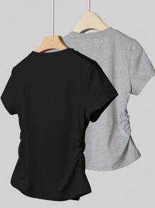 INAWLY 女式纯色圆领短袖休闲褶饰夏季T恤 - 彩色 - 查看 2