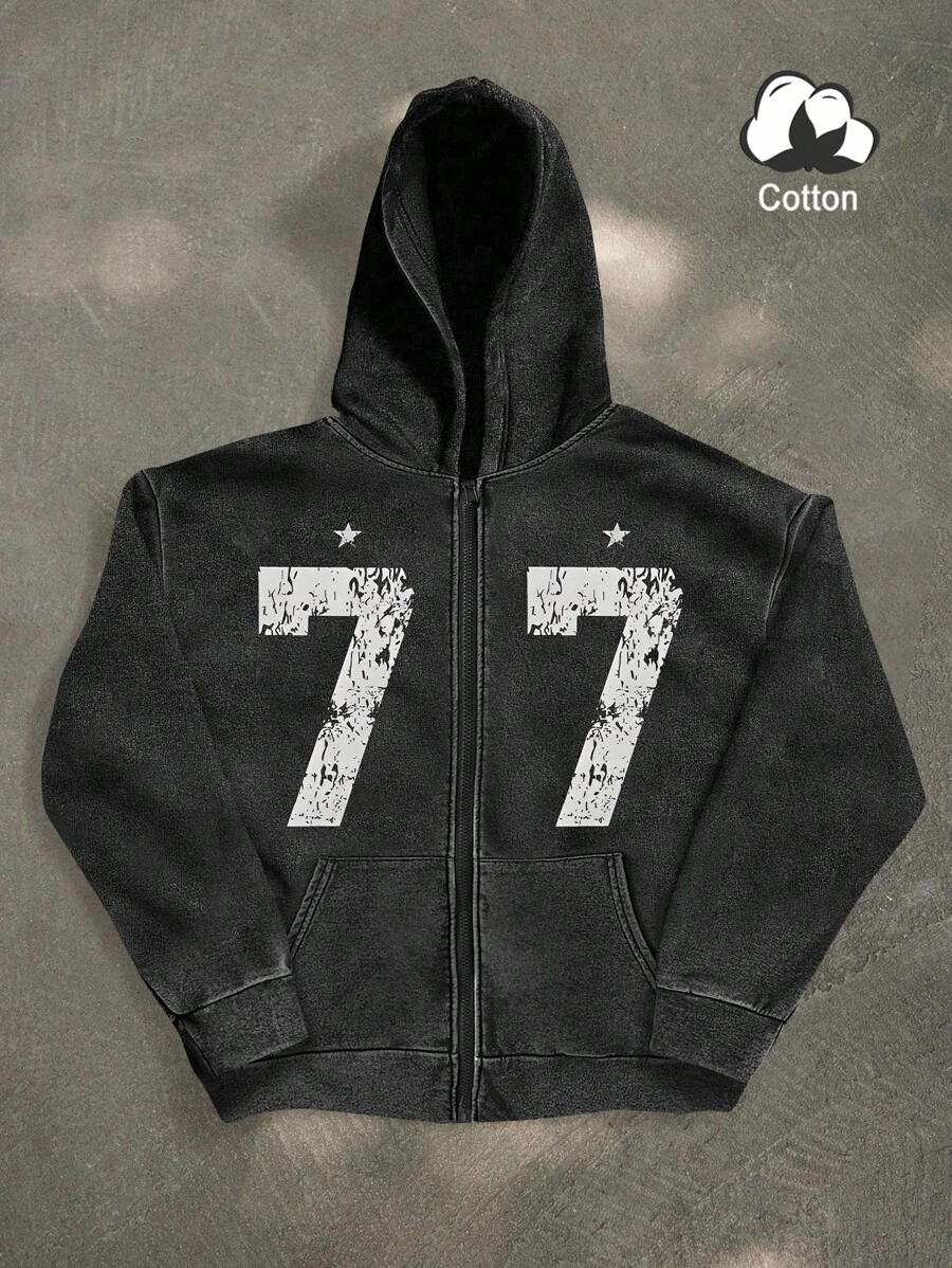 Manfinity EMRG Men's Casual 77 Graphic Print Hoodie Sweatshirt, American Fashion Street Style Hooded Sweatshirt Sweatshirt, Black Graphic Zip Up, Men S Hoodie Zip Up, Graphic Hoodies 100 Cotton Zip - Black - View 1