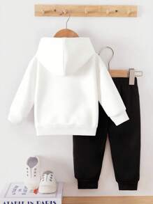 SHEIN Playful Pals 2 件套女婴服装，时尚可爱豹纹蝴蝶结和樱桃印花连帽羊毛运动衫和羊毛运动裤套装，适合秋冬季外出 - 彩色 - 查看 2