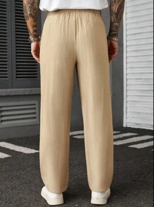 Manfinity Homme Quần đi làm màu trơn thường ngày cho nam có túi bên hông, thoáng khí - Màu Khaki - Xem 2