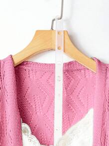 SHEIN LUNE Cardigan de Tricô Casual Feminino Cor Sólida com Recortes - Rosa chiclete - Visão 3