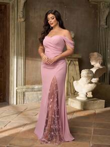 Aureia 大码秋季优雅浪漫莲花粉色编织露肩褶皱垂袖褶裥拼接网纱刺绣3D立体花朵假开衩设计微鱼尾下摆，适合晚宴、单身派对、约会、假日、舞会、音乐节、婚礼、伴娘礼服、情人节等场合。 - 藕粉色 - 查看 4