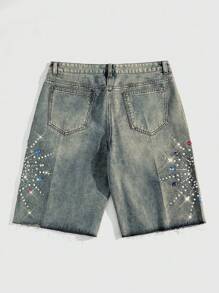 ROMWE MEN Street Life Spring/Summer Casual Graphic Men'S Rhinestone Decorated Fashionable Denim Shorts - Medium Wash - View 2