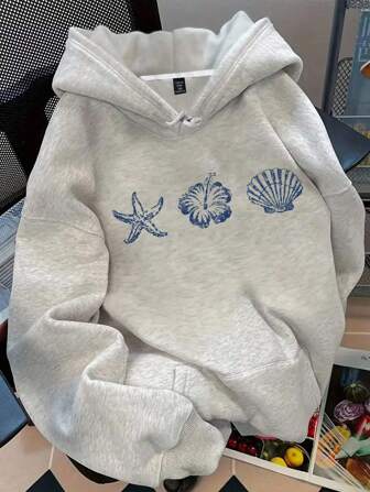 DrmWander Sweat-shirt à capuche ample et décontracté pour femmes grandes tailles, avec imprimé étoile de mer, coquillage et floral. Coupe ample avec cordon de serrage. Doublure thermique pour l'automne/l'hiver