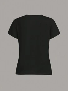 SHEIN Embroidered V-Neck T-Shirt For Women, Gift For Friends - Black - View 2