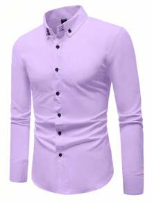 Manfinity Mode 男士休闲纯色长袖修身衬衫，秋季 - 紫色 - 查看 5