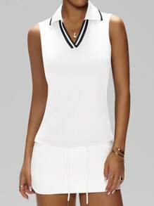 Easithlete Women's Sleeveless Contrast Collar Sports Polo Shirt, Summer - White - View 2