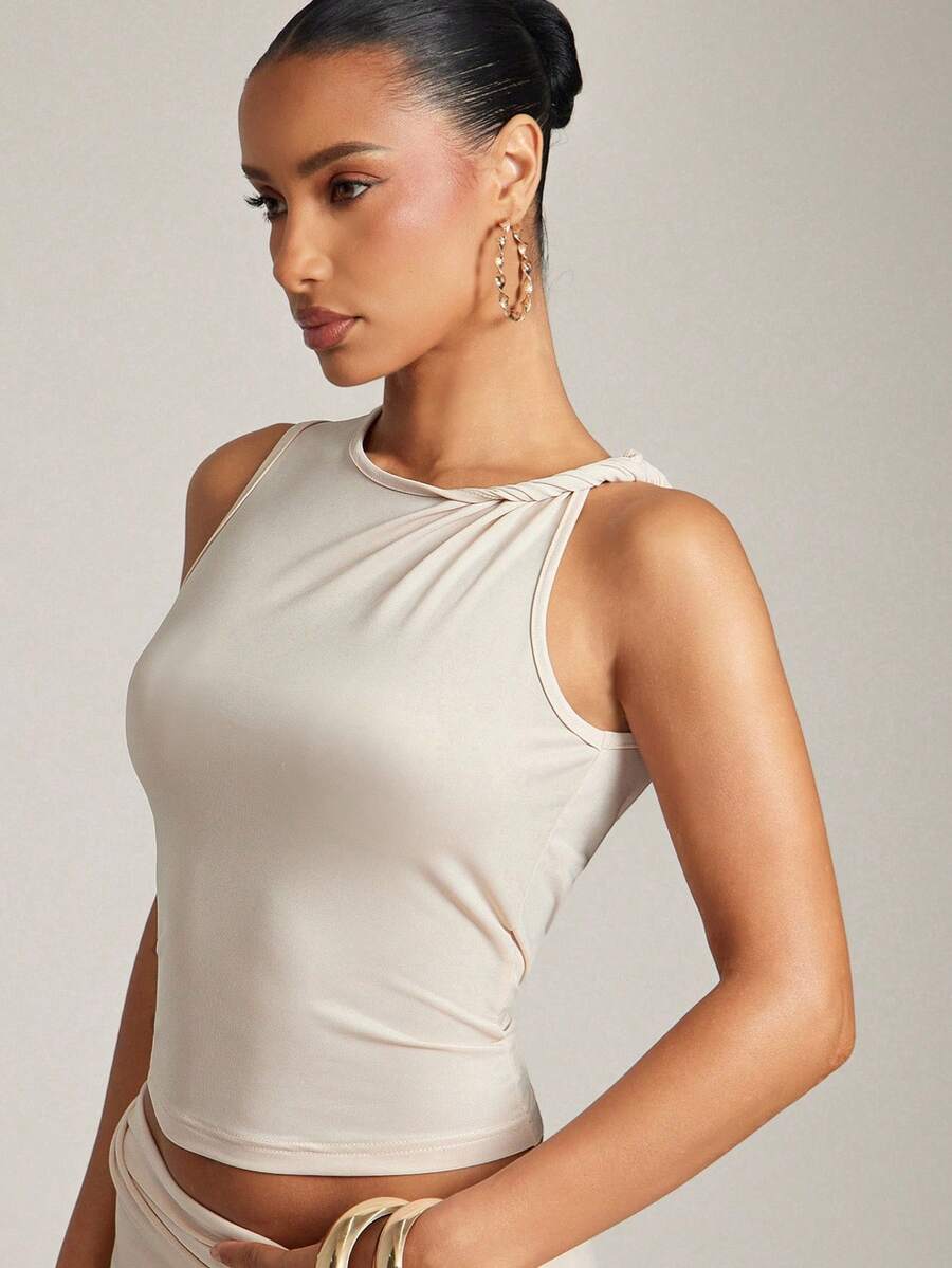 Hauture 夏季休闲扭纹肩短款背心 - 杏色 - 查看 1