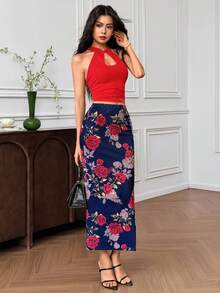 EastFlair 女式无袖镂空修身短款上衣和开衩下摆迷你裙两件套