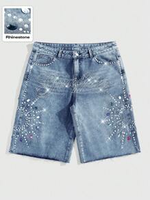 ROMWE MEN Street Life Quần short denim đính đá pha lê cho nam - Rửa nhẹ - Xem 1