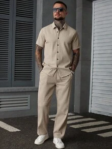 Manfinity Homme Bộ quần áo và áo sơ mi trơn màu thường ngày dành cho nam - Màu Khaki - Xem 1