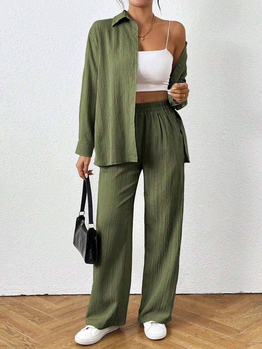 SHEIN PETITE Bộ 2 món áo sơ mi và quần trơn màu thường ngày dành cho nữ - xanh quân đội - Xem 1