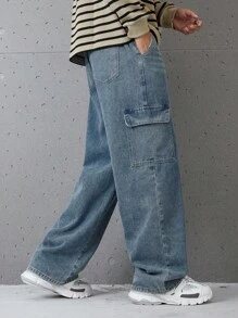 SHEIN Explorewe 青少年男童休闲户外工装牛仔裤，舒适复古中度水洗蓝色做旧松紧腰宽松版型牛仔裤，适合秋冬季节穿着。 - 中等水洗藍 - 查看 6