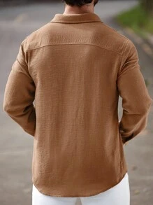 Manfinity Homme 简约纯色时尚百搭休闲亚麻长袖男士衬衫男士亚麻衬衫铁锈色衬衫米色男士衬衫棕褐色男士衬衫，秋季 - 鏽棕色 - 查看 2