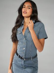 MISSGUIDED Pinstripe Denim Mini Dress Button Down Collared Short Sleeve Western Utility Style Fitted Bodycon Summer Fashion Retro Y2K Streetwear