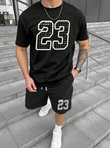 Manfinity Homme Herren Rundhals Oversized Kurzarm Numerisches Muster Lässig Sommer T-Shirt Set, Drop-Shoulder