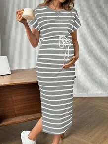 SHEIN 休闲条纹下摆H字形抽绳腰孕妇装 - 灰色 - 查看 4