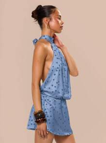 MUSERA 高领露背低腰缎面圆点迷你连衣裙生日毕业夏季假期节日可爱休闲优雅托斯卡纳阳光伊比沙岛婚礼宾客海滩 - 藍色 - 查看 3