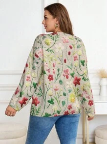 SHEIN Clasi 大码女式3D立体花朵图案前系带蝴蝶结长袖宽松针织开衫，秋冬款 - 杏色 - 查看 10