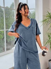 SHEIN EZwear Bộ 2 món Áo thun xanh thường ngày và quần dài, size lớn cho nữ - Màu xanh lam - Xem 4