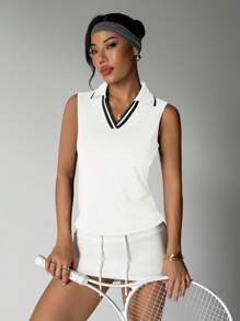 Easithlete Women's Sleeveless Contrast Collar Sports Polo Shirt, Summer - White - View 5