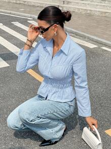 Siren Gaze 通勤休闲条纹衬衫 秋季女装 返校季 商务休闲女装 办公室女装 教师装 外出上衣 女式纽扣衬衫 冬季女装 - 藍白色 - 查看 5