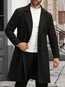 Manfinity CasualCool Men's Plus Size Solid Color Pocket And Button Front Long Sleeve Coat, Autumn Clothing